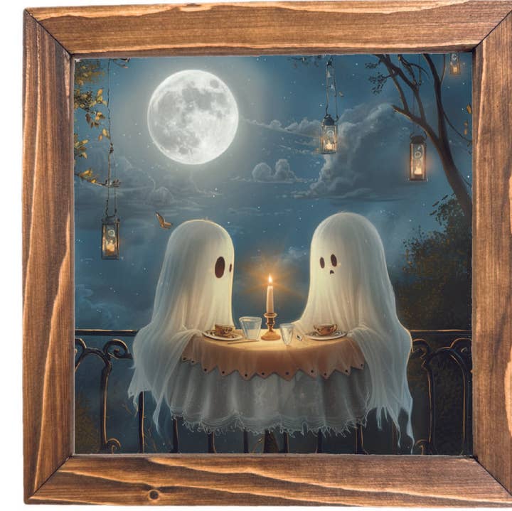 Ghost Having Dinner Printed Halloween Framed Sign for wholesale by Teele and Co.