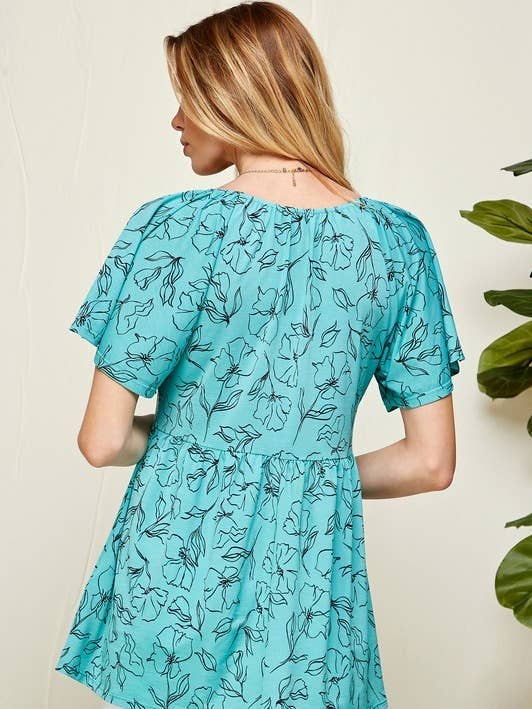 JADE SPT5092A - WOMEN FLORAL V NECK BABYDOLL TOP WITH FRONT TIE for wholesale on Faire