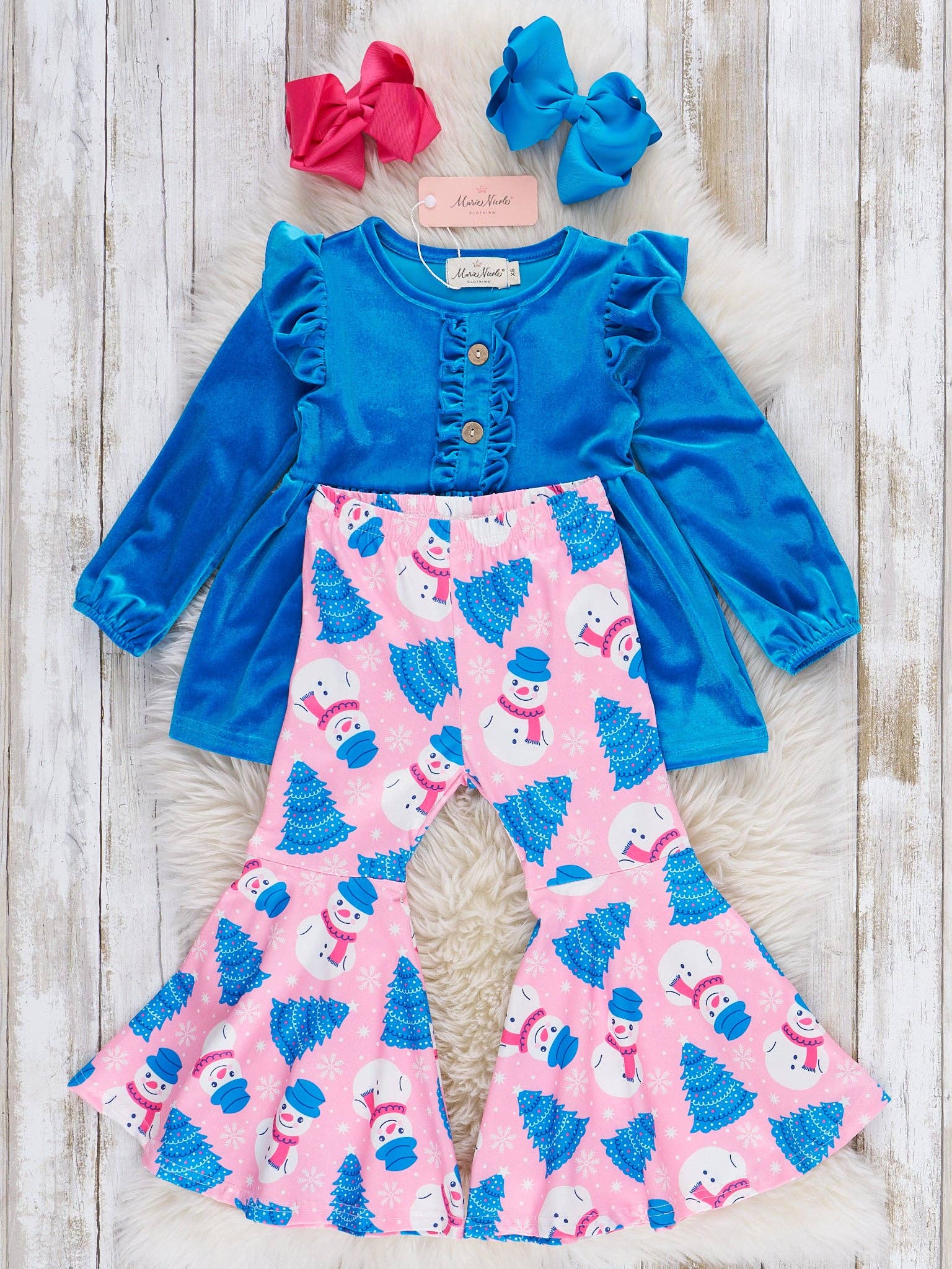 Marie Nicole Clothing - Wholesale Top & Pant Set - Kids - Snowy Smiles Ruffle Bell Bottom Outfit1