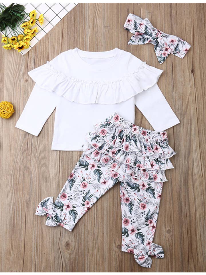 Fennco Styles - Wholesale Clothing Set - Baby - Floral Ruffled White Baby Long Sleeve Top, Pants & Headband