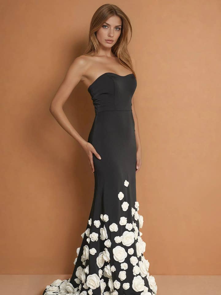 Couture Black Formal Evening Gown with 3D Flowers Long Trail for wholesale by Kos Couture