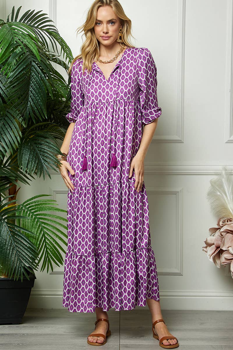 Purple Print Three Quarter Puff Sleeve Maxi Dress for wholesale on Faire9