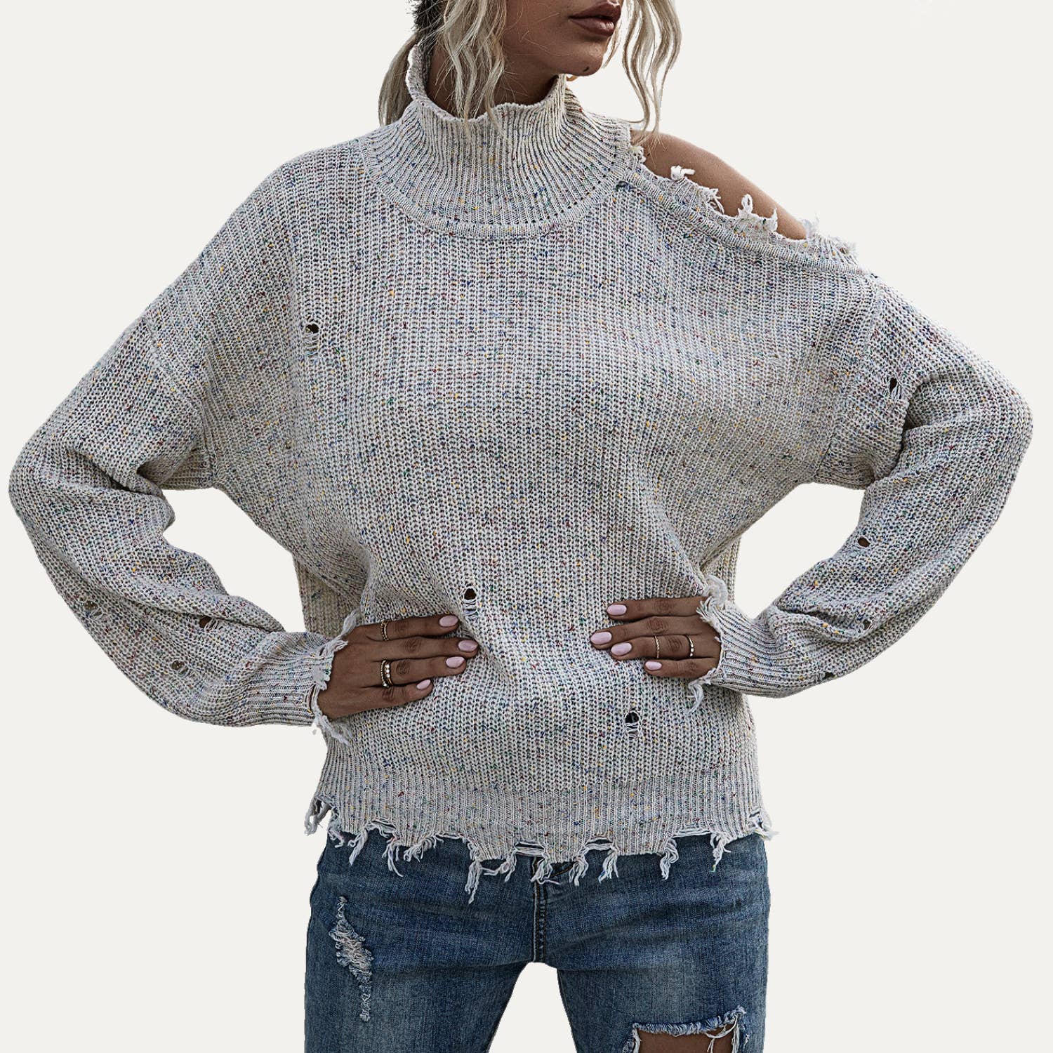 The Moment Collection – Engroshandel Strikket top - Dame – Trendy Strik Mock Neck En Skulder Lange ærmer Top3