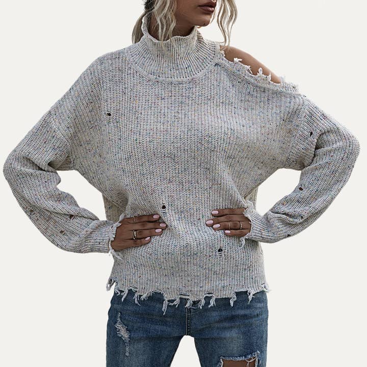 The Moment Collection – Engroshandel Strikket top - Dame – Trendy Strik Mock Neck En Skulder Lange ærmer Top3