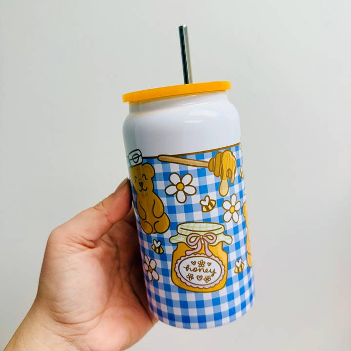 16 oz Stainless Steel Cup, Honey Bears on Gingham for wholesale by Sonny Rising