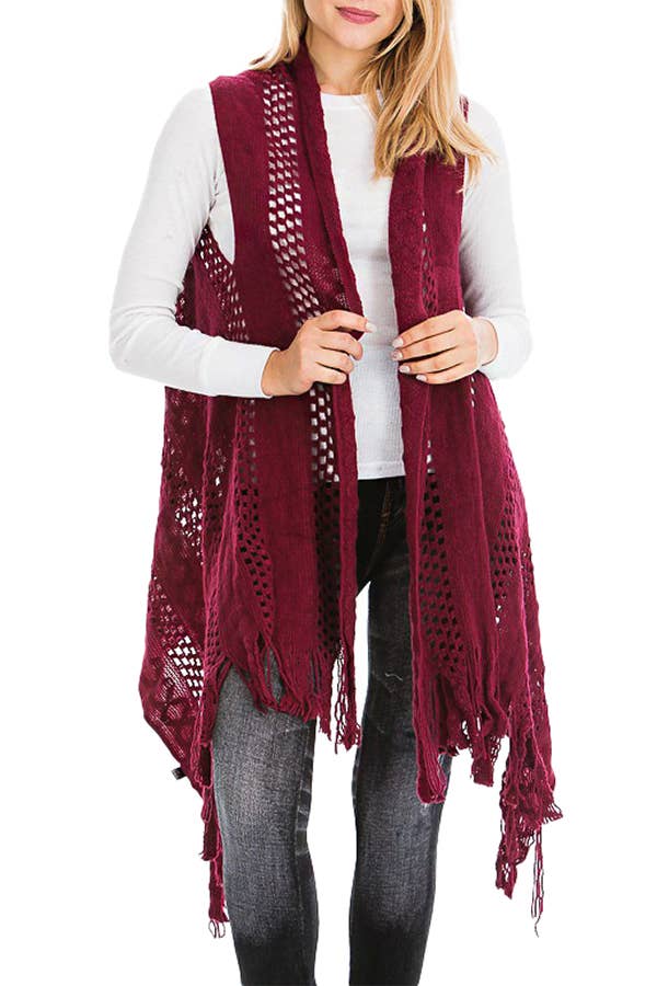 Cap Zone - Vendita all'ingrosso Gilè imbottito - Donna - Gilet lungo cardigan lavorato a maglia con frange lavorate all'uncinetto16