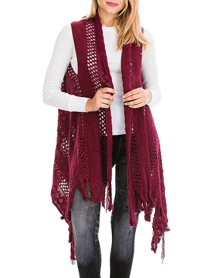 Cap Zone – Colete - Mulher por atacado – Cabo Crochet malha franja guarnição Cardigan Long Vest9