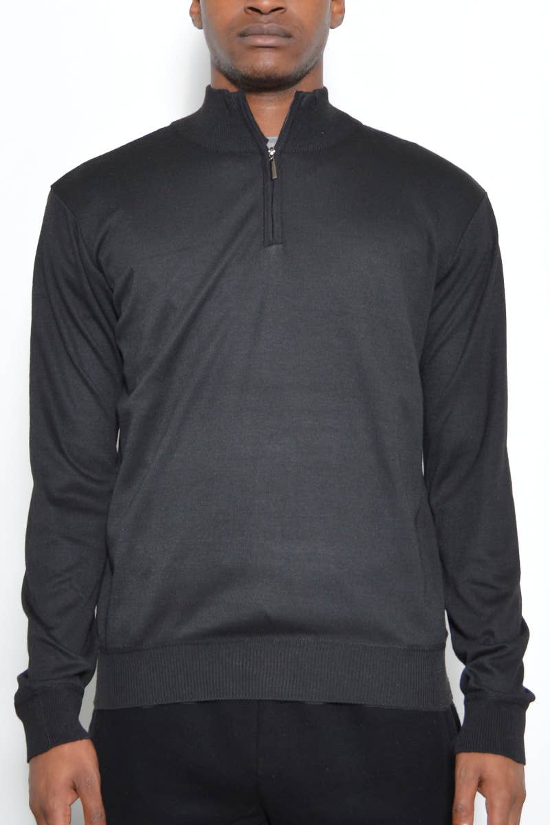 WEIV - Wholesale Knit Sweater - Men's - Mens Solid Quarter Zip Knit Sweater - Black2