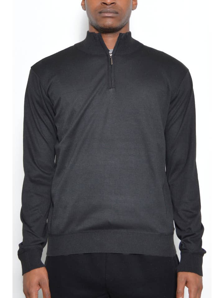 WEIV - Wholesale Knit Sweater - Men's - Mens Solid Quarter Zip Knit Sweater - Black2