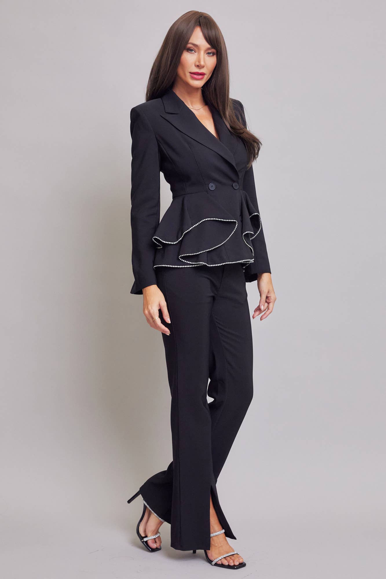 Black Woven Double Breasted Blazer with Ruffle Peplum & Pants Set for wholesale on Faire2
