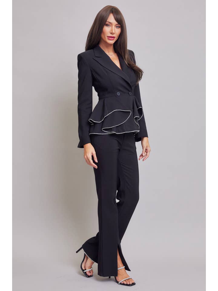 Black Woven Double Breasted Blazer with Ruffle Peplum & Pants Set for wholesale on Faire2