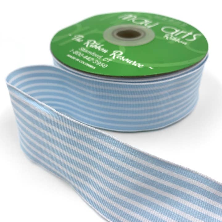 May Arts Ribbon - Wholesale Ribbon - Gift Wrapping - 1.5" Classic Light Blue & White Striped Grosgrain Ribbon