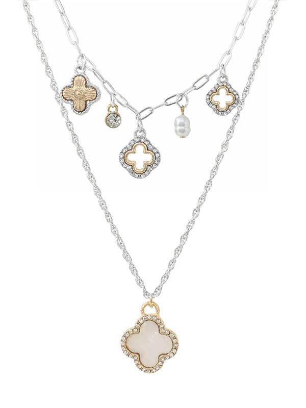 ( T802 ) MOP AND CRYSTAL QUATREFOIL DOUBLE LAYER NECKLACE for wholesale by Jewelry Max