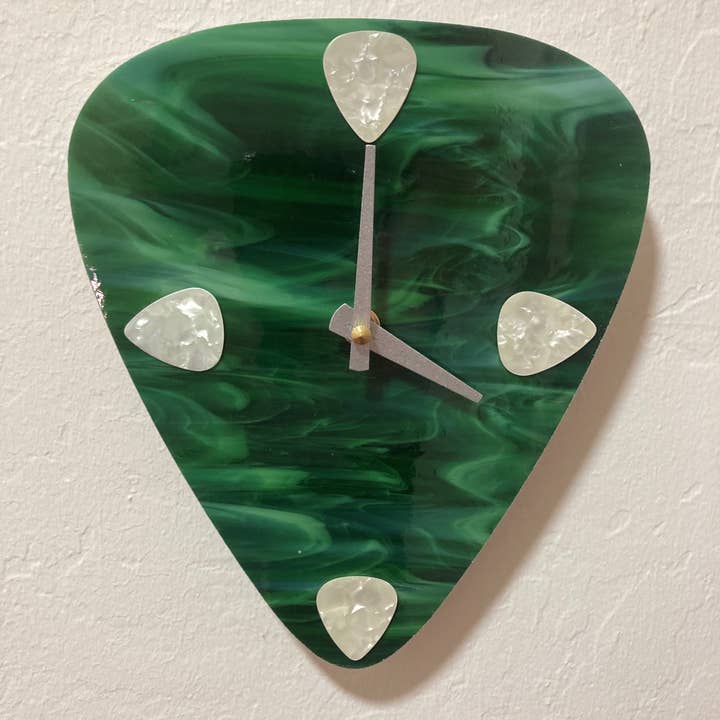 Art Glass Guitar Pick Wall Clock - Green Wave - 6.5 X 8 for wholesale by Rocking The Clock