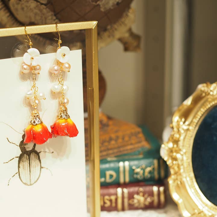 Real Flower Two Color Freshwater Pearl Orange Rose Bud Earrings Pearl Flower Earrings for wholesale by NatureAmbient