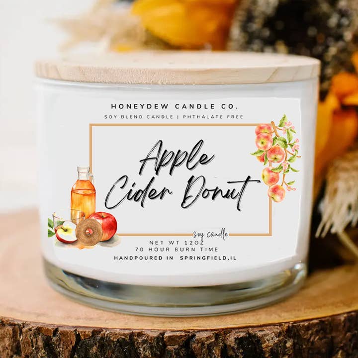 Kerze mit 3 Dochten, Apfelwein, Donut, 12 oz für den Großhandel von Honeydew Candle Co.