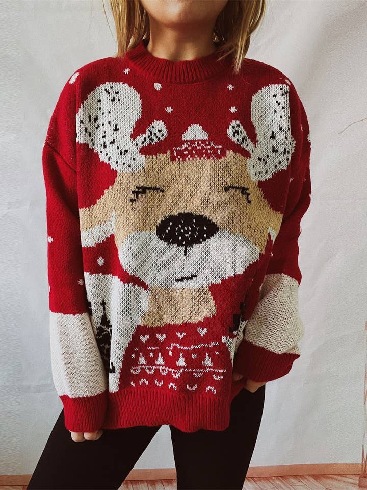 Kerstmis __ Kerstcadeaus __ Losse Trui met Elandprint en Ronde Hals, Lange Mouwen, Gebreid voor wholesale door StyleGalX
