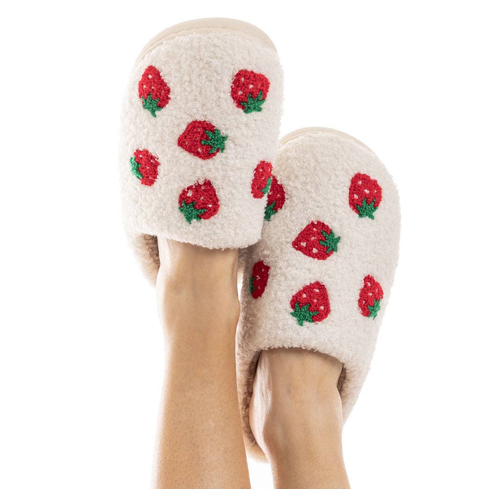 White Strawberry Fuzzy Slippers for Women for wholesale on Faire0
