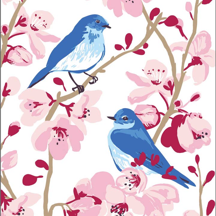 Bluebirds & Pink Garden Cherry Tree Flowers Art Print for wholesale by Rigel Paper