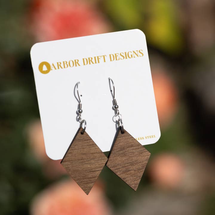 Rhombus Elegance Wooden Earrings for wholesale by Arbor Drift Designs