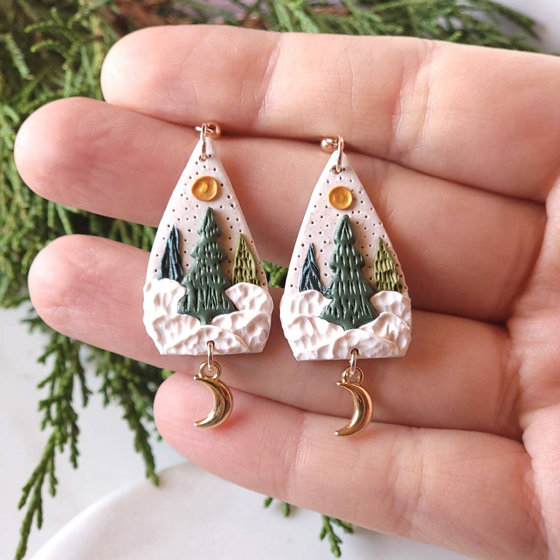 Foxy Method - Wholesale Dangle Earrings - Enchanted Christmas Tree Winter Clay Gold Moon Earrings1