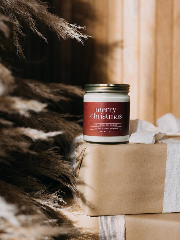 Merry Christmas soy candle for wholesale by Soul Roots Wax Co.