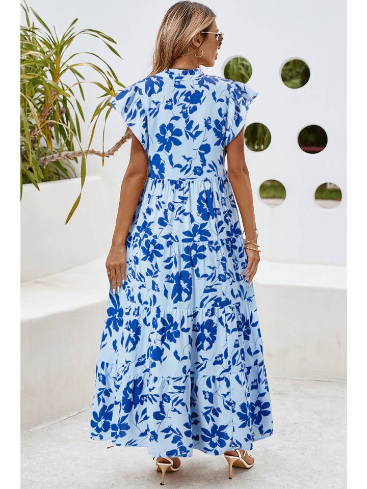 Little Daisy Closet - Wholesale Dress - Women's - LDC Floral Print Tiered Frilled Trim Flutter Sleeve Dress