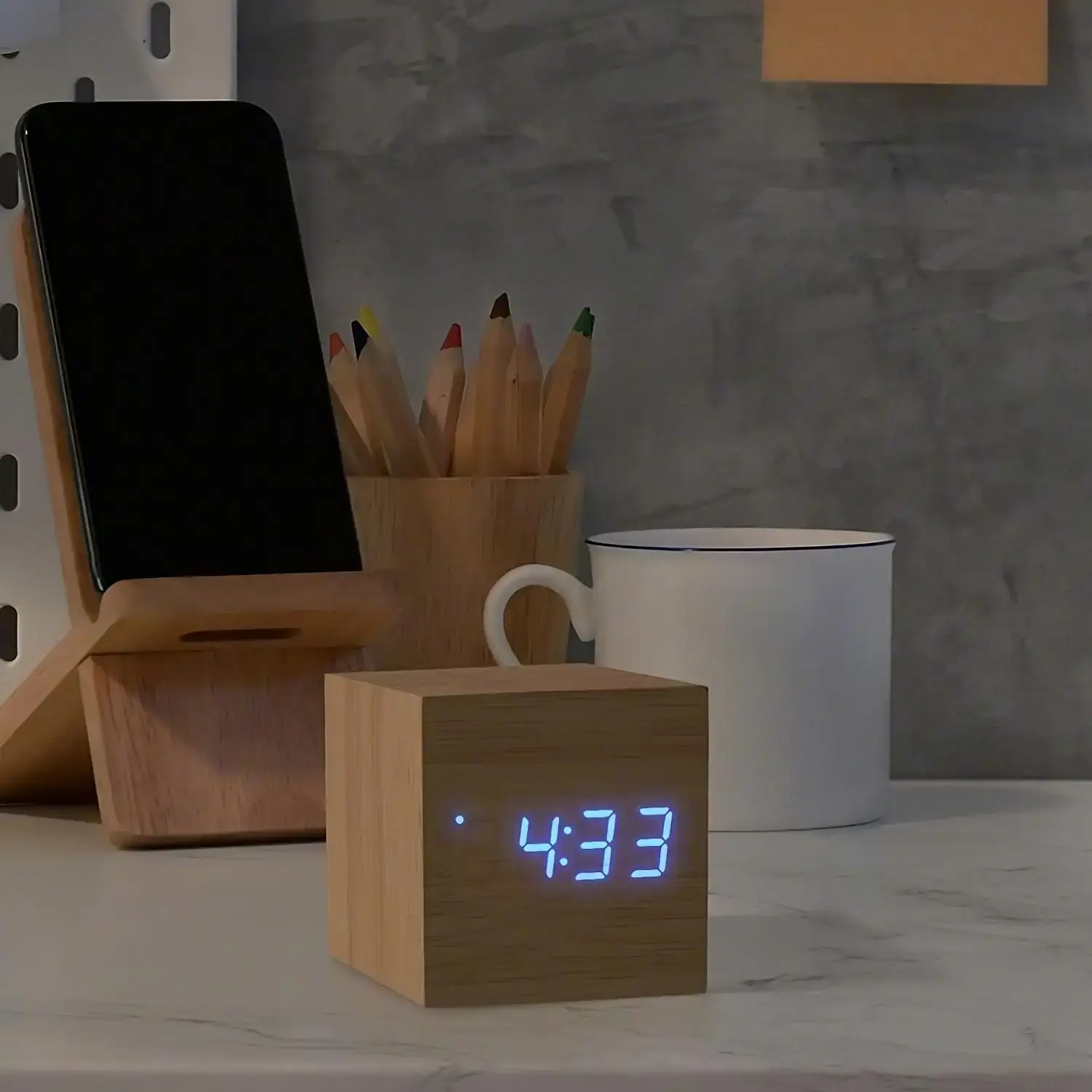 Blinkee.com, LLC – wholesale Alarm clock – Flashing Blue LED Wooden Cube Digital Alarm Clock with USB1