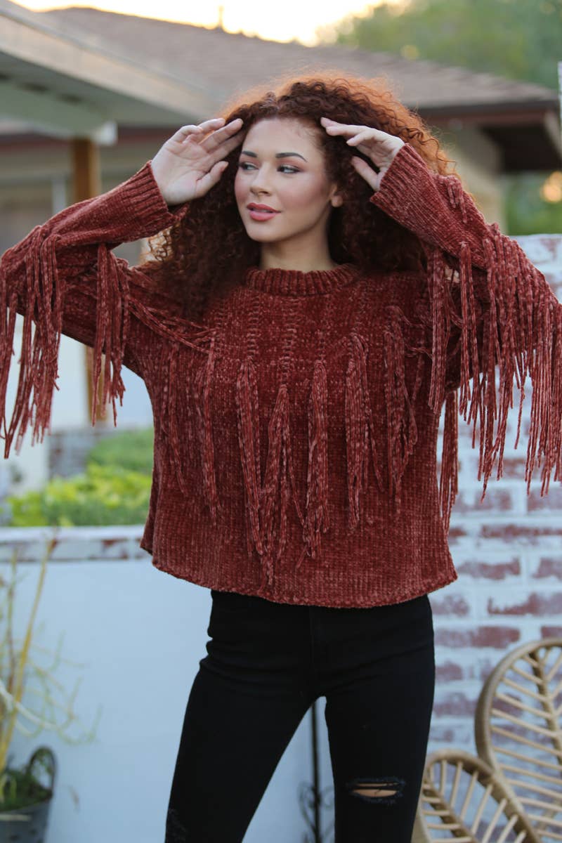 ANGIE - Wholesale Knit Sweater - Women's - XHH31-ASIS CHENILLE FRINGE PULLOVER SWEATER20