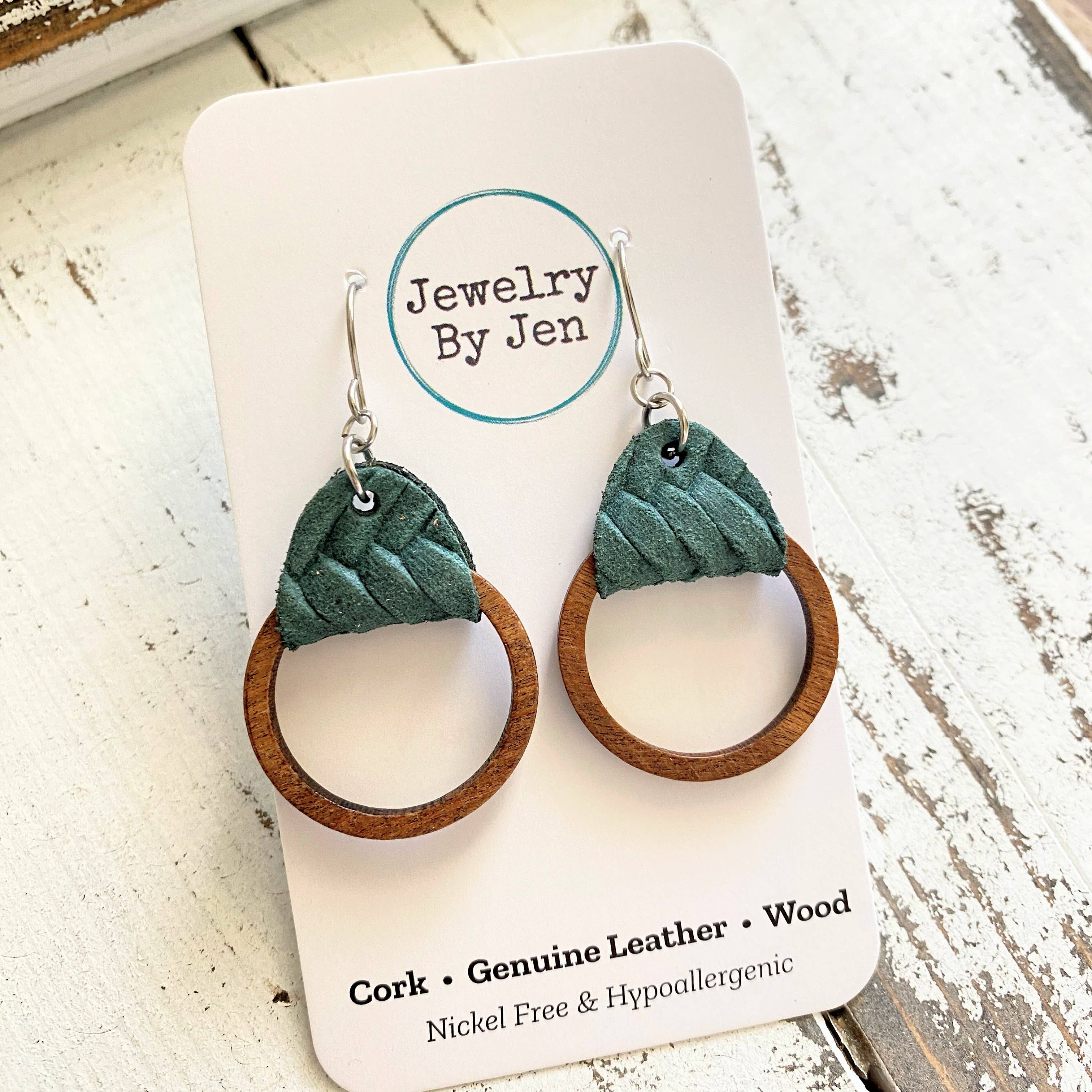 Jewelry By Jen - Wholesale Dangle Earrings - Wood Hoop Earrings: Pine Green Braided1