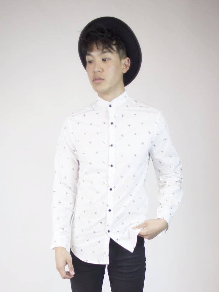 Button Up Shirt in Tiny Cacti with Nehru Collar for wholesale by Symbology