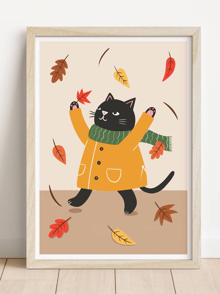 Autumn Leaves - 8 x 10 Inch Cat Art Print for wholesale by Nat Ellis Illustration
