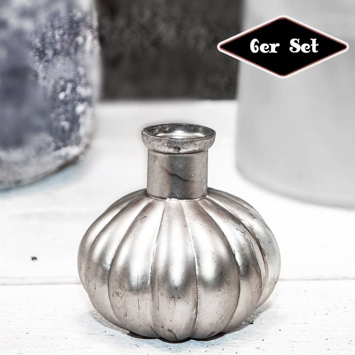 Set di 6 vasi decorativi a zucca in vetro con finitura silver shabby chic per la vendita all'ingrosso da parte di Antikas
