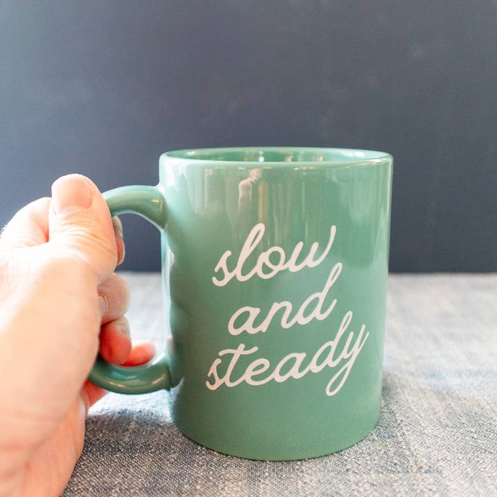 Gather Goods Co - Cards, Coasters, Tea Towels, Art, Mugs - Wholesale Coffee Mug - Green Ceramic Coffee Mug with Slow and Steady Phrase, 11oz2