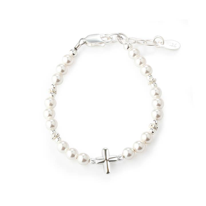 Cherished Moments - Wholesale Beaded Bracelet - Kids - Girls Sterling Silver Pearl Cross Baby Bracelet Baptism Gift