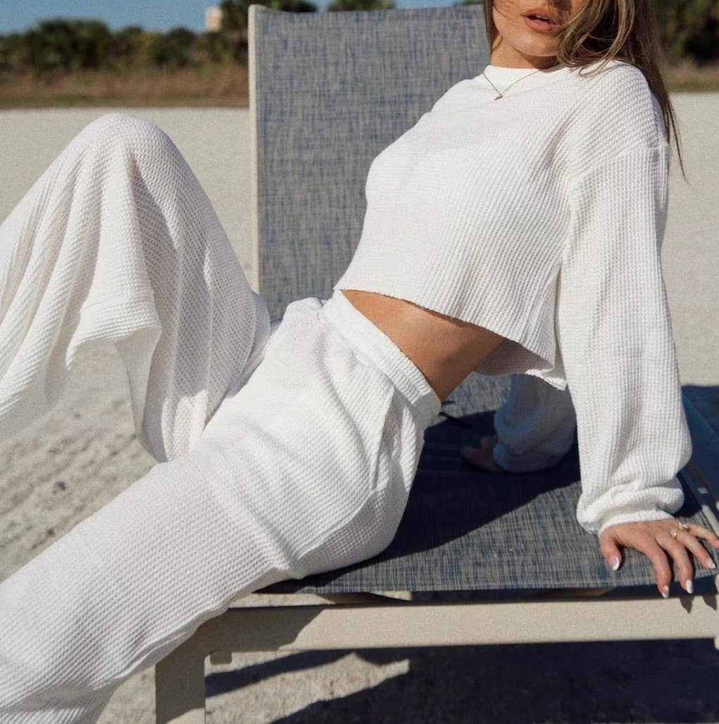 HIDDENBRAND - Wholesale Lounge Set - Women's - Waffle crop long sleeve top wide leg pant two piece set1