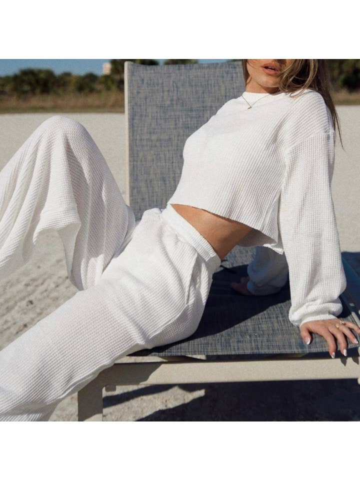 Rosa Clothing - Wholesale Lounge Set - Women's - Waffle long sleeve crop top wide leg pant 2 piece set7