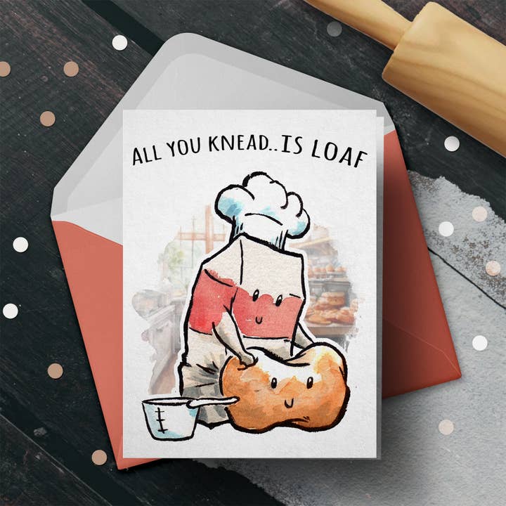 „All you Knead is Loaf“ - Sjove Bread Pun lykønskningskort for engroshandel hos Aaron Millard Illustration