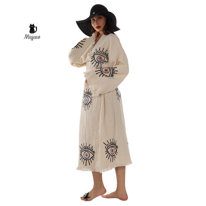 Handmade Beige Evil Eye Kimono Robe – Cotton Boho Wear for wholesale on Faire5