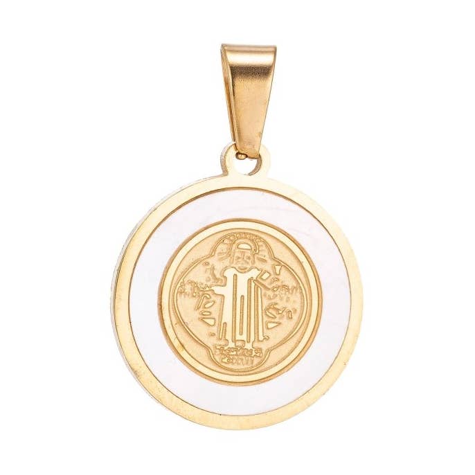 Dainty 18k Gold Fill Saint Benito St Catholic Faith Praying White Sea Shell Religious Necklace Pendant Charm Findings for Jewelry Making J-423 for wholesale by Aim Eternal