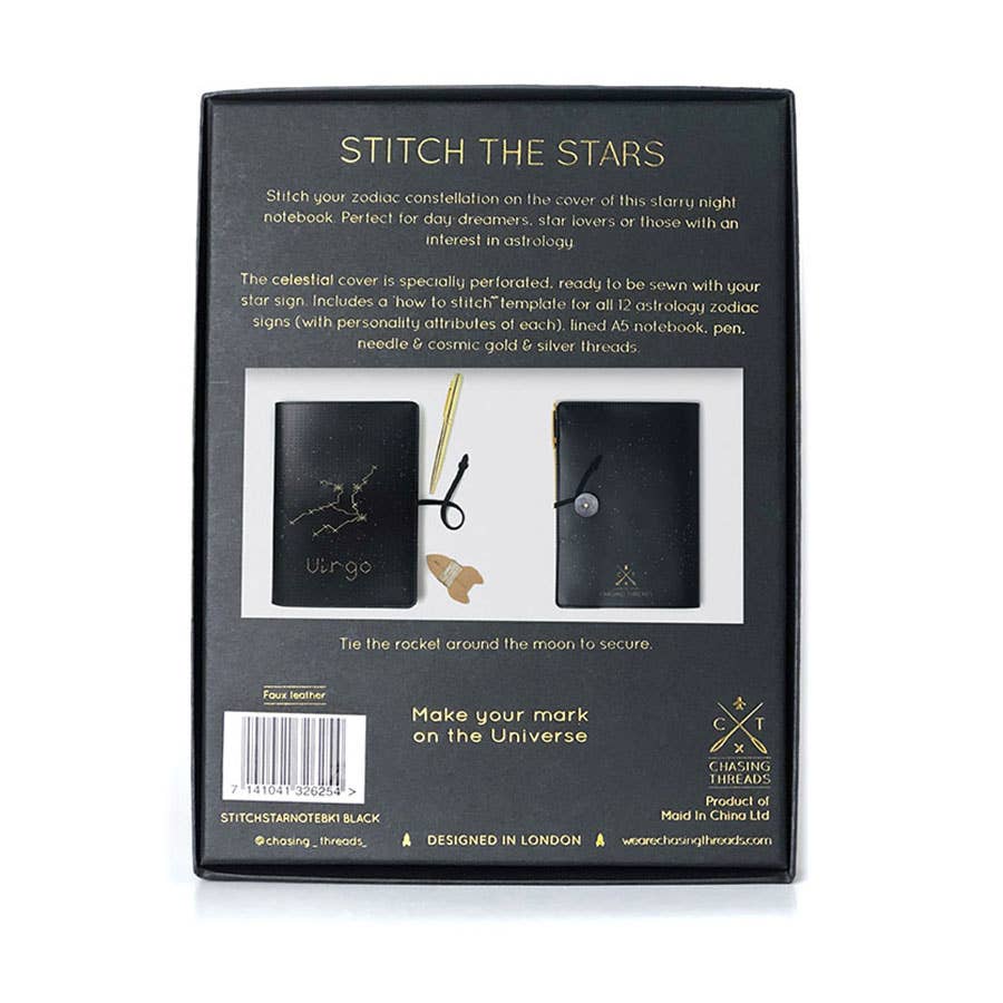 Chasing Threads – Engroshandel Notesbog – DIY Sy din stjerne tegn Kit - Sort Vegansk Læder Notebook9
