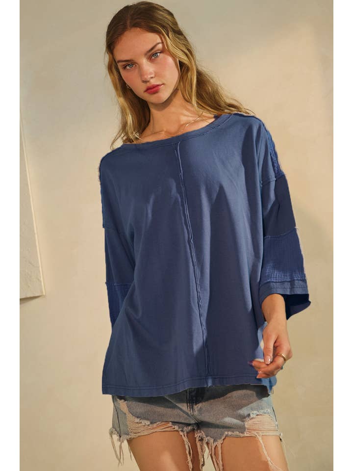 Oddi - Wholesale Blouse - Women's - Acid Washed Mixed Fabric Pullover Top4