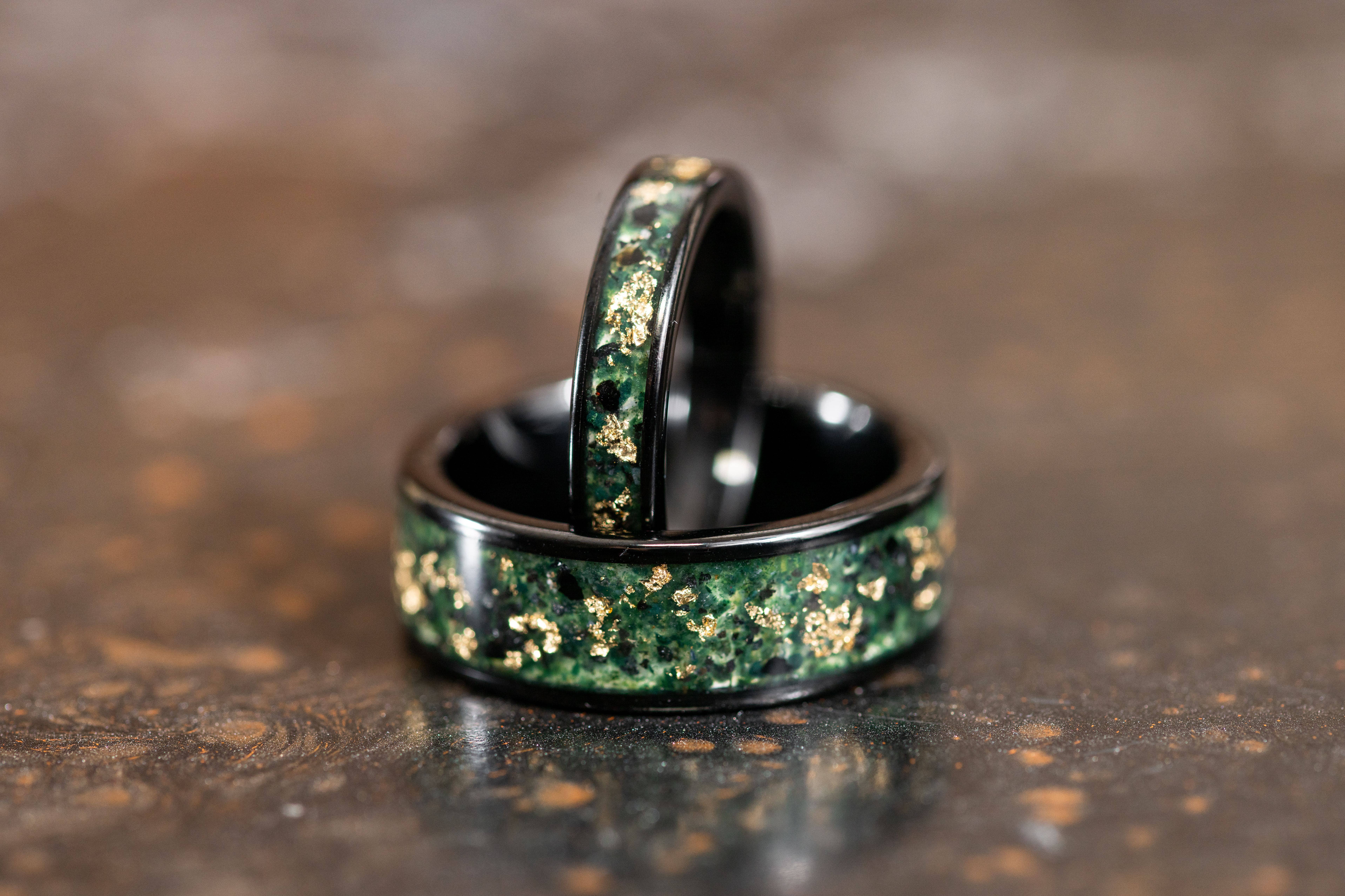 AxBands - Wholesale Wedding Band/Ring - Black Ring with 24k Gold Flake and Moss Agate Stone Inlay2