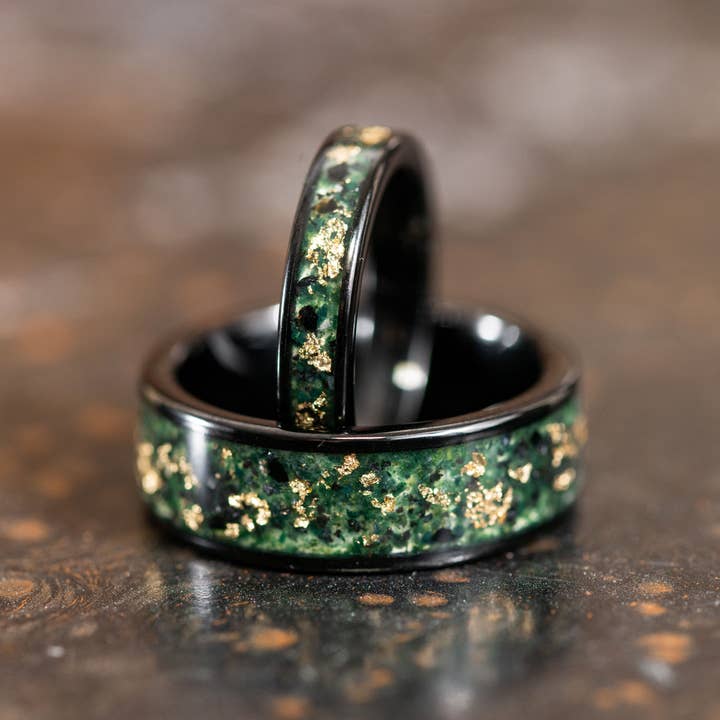 AxBands - Wholesale Wedding Band/Ring - Black Ring with 24k Gold Flake and Moss Agate Stone Inlay2