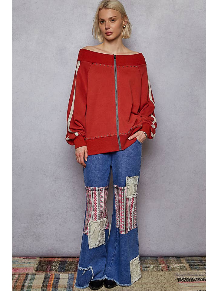 Pol Clothing - Wholesale Knit Top - Women's - Solid off shoulder lace trim detail French terry knit top12