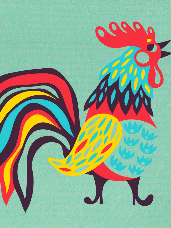 Helen Dardik Fancy Rooster on Green Swedish Dishcloth for wholesale by Trendy Tripper