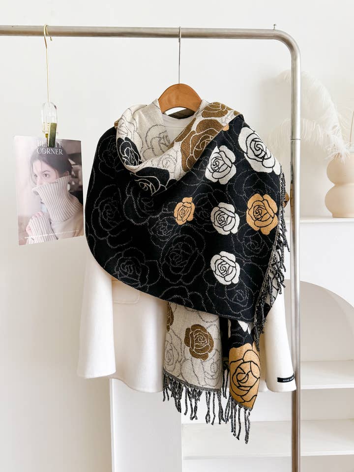 Black / White Rambling Rose Reversible Wrap for wholesale by Winding River