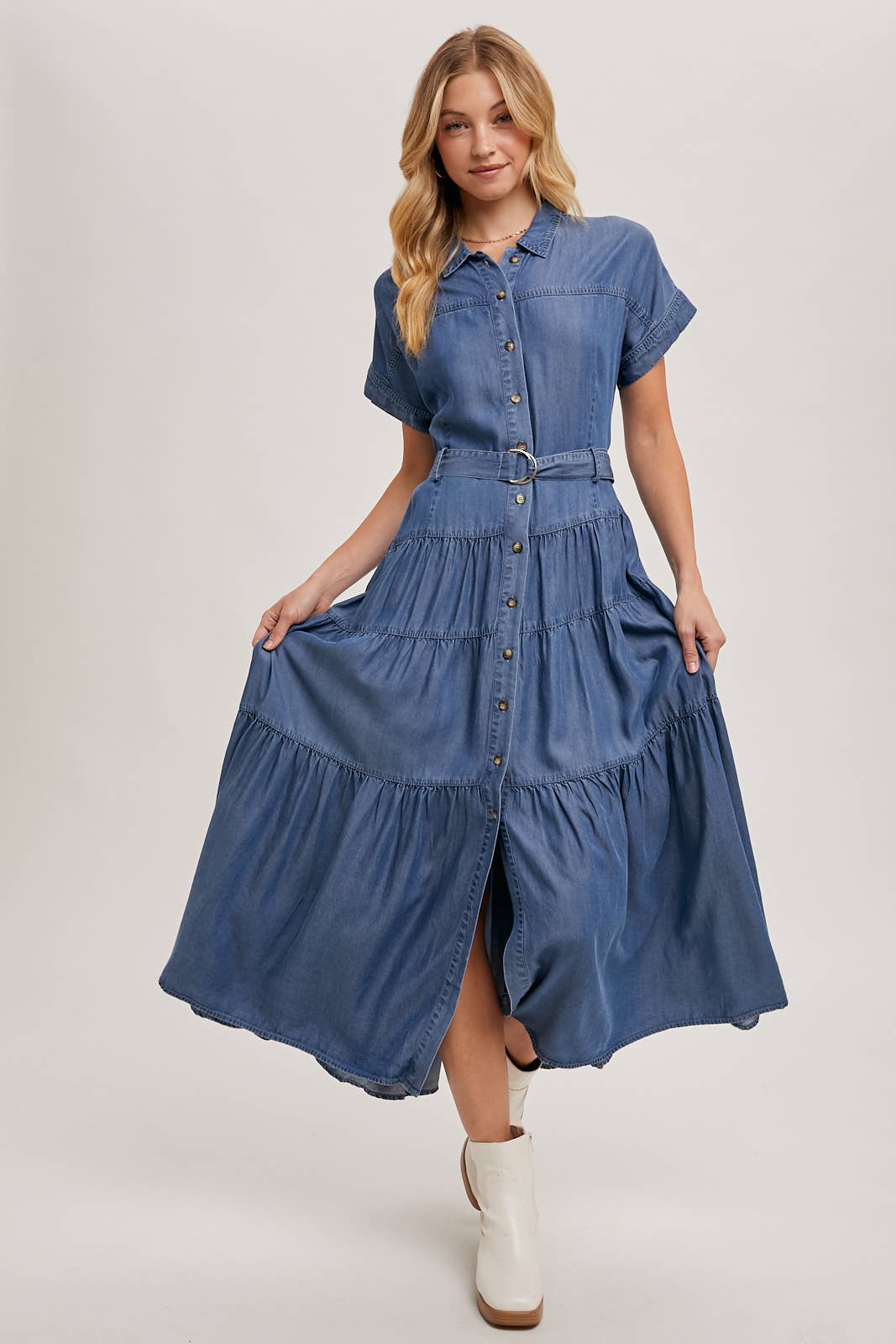 Bluivy - Wholesale Dress - Women's - BUTTON FRONT SHORT SLEEVED TIERED MAXI DENIM DRESS1