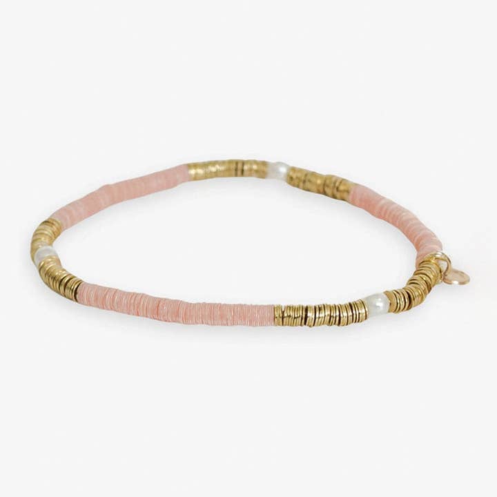 Rory Solid Color With Gold And Pearls Small Sequin Stretch Bracelet Blush Pink Wholesale for wholesale by INK + ALLOY