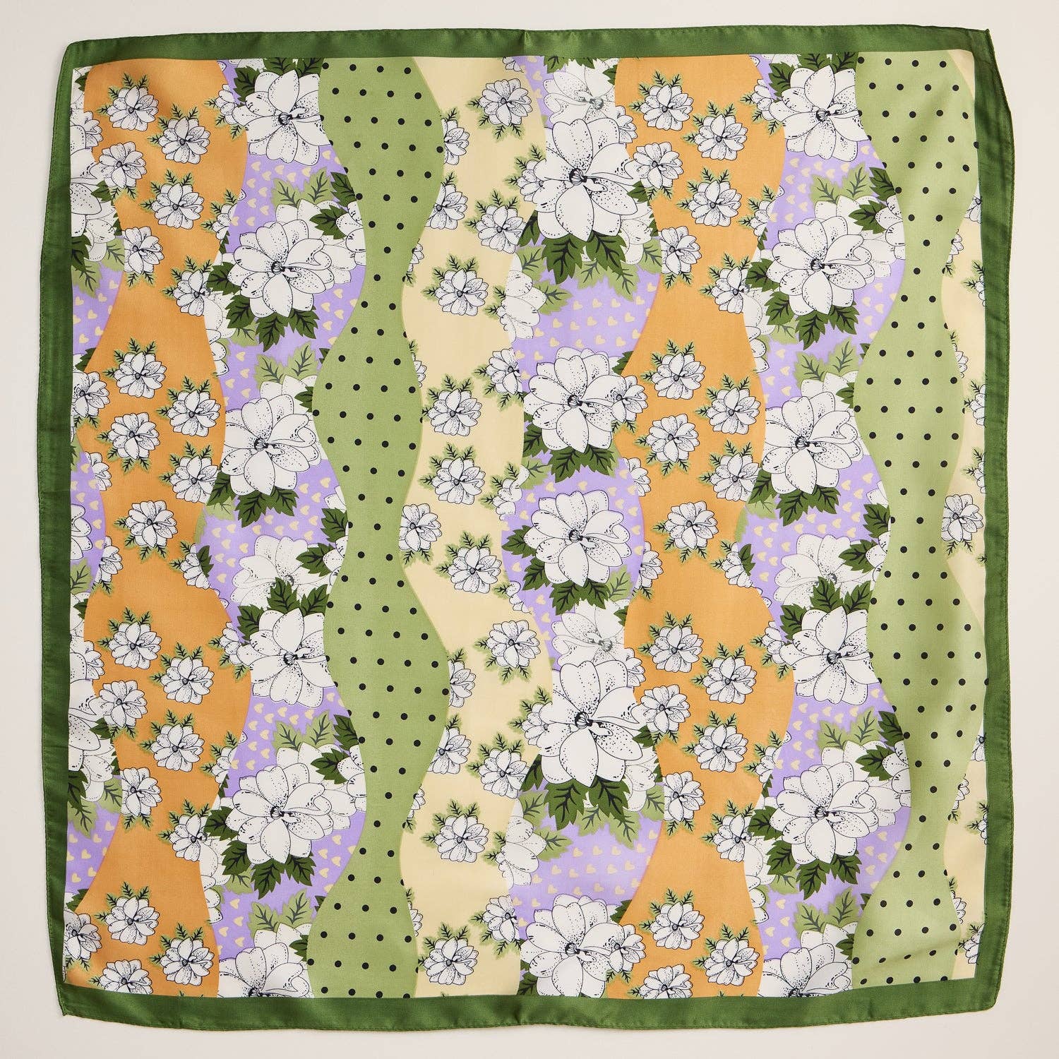 Olive Retro Floral Print Scarf – Colorful Silk-Feel Square Scarf for wholesale on Faire1